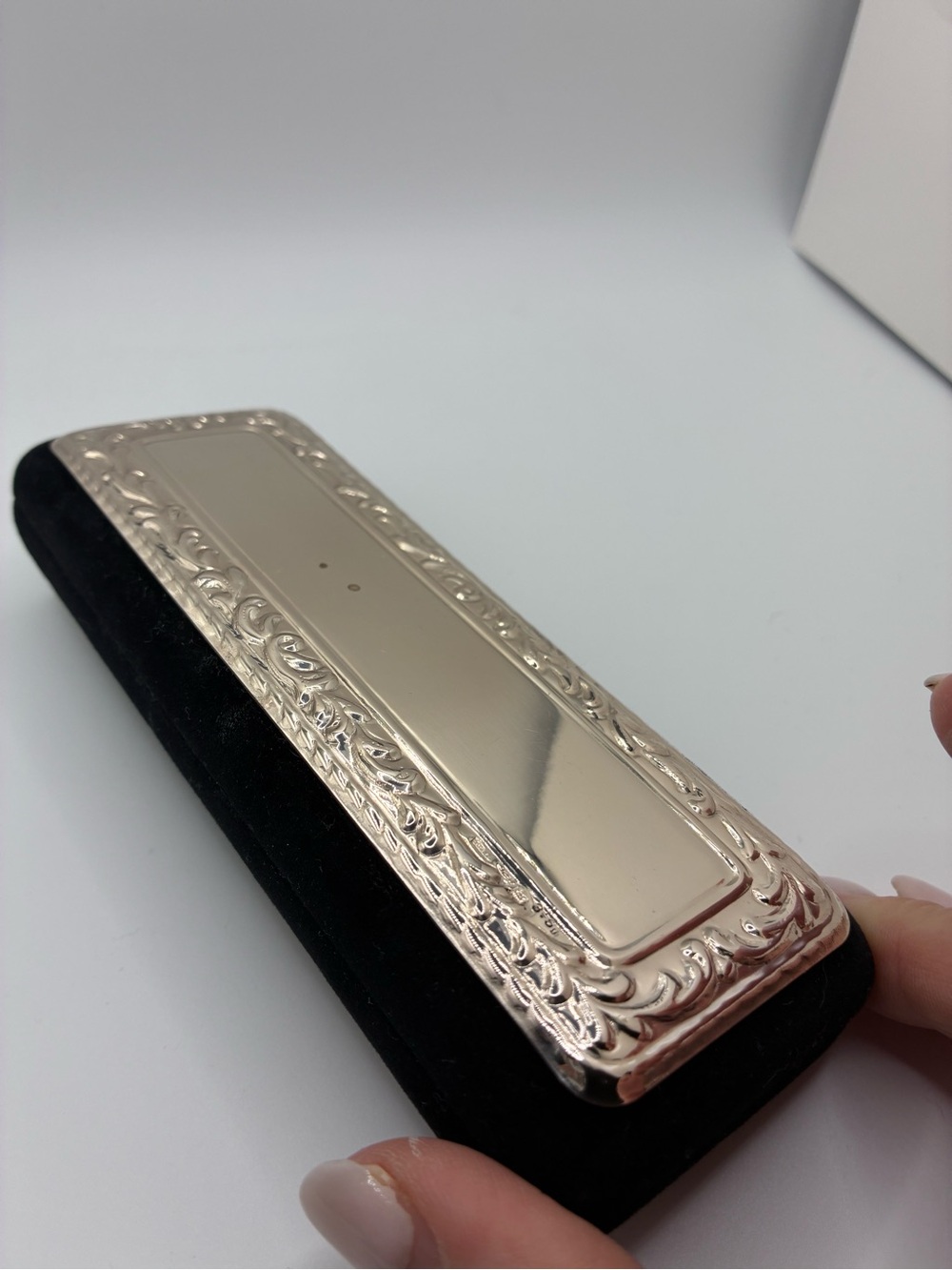 Engraved Sterling Silver Rectangular Spectacle Case Black Velvet Base